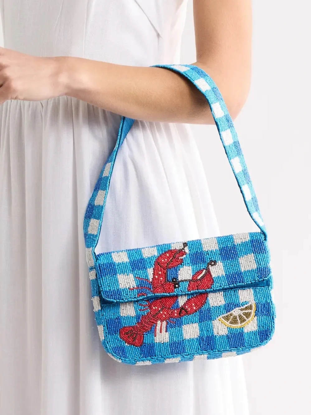 NWT Nordstrom Beaded Gingham Lobster Baguette Shoulder Bag